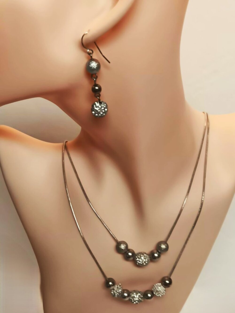 Earring & necklace set, two tier necklace with silver and pave rhinestone beads.